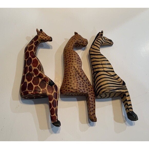 Giraffe & Zebra Lion Hand Carved Wooden African Sculpture Shelf Ornament 8.5" - Picture 10 of 10